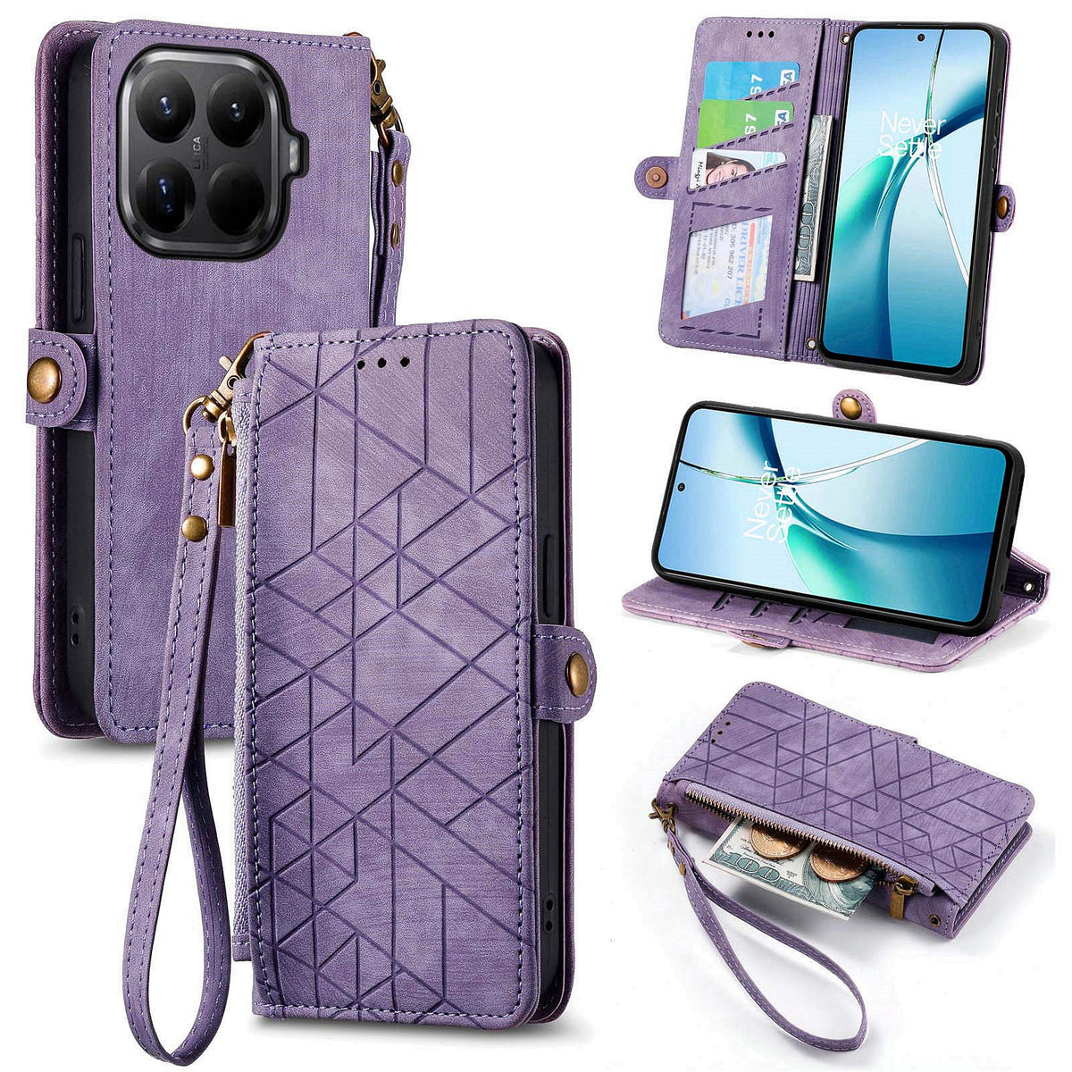 For Xiaomi 17T Zipper Wallet Case Geometry Lines Leather Phone Cover with Strap