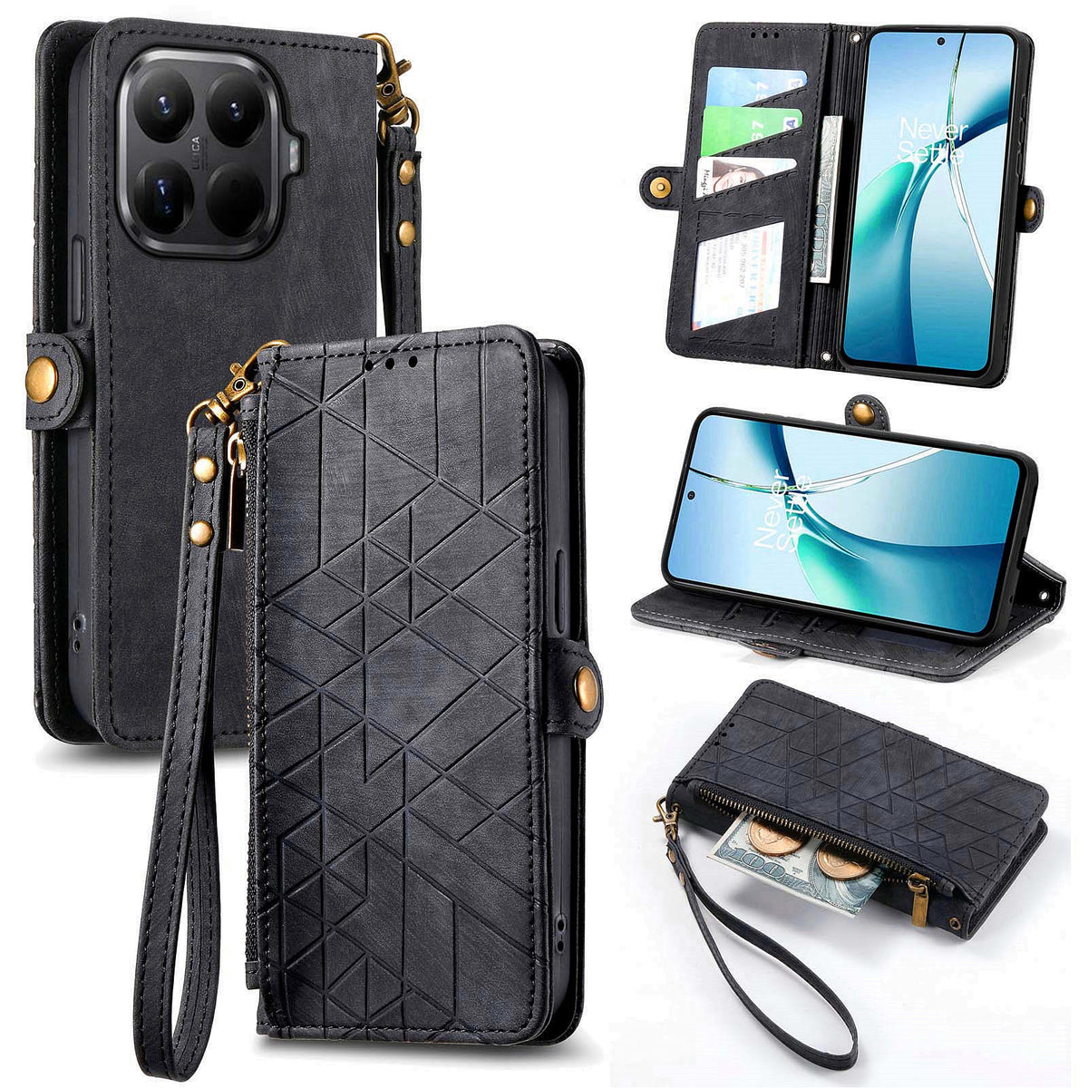 For Xiaomi 17T Zipper Wallet Case Geometry Lines Leather Phone Cover with Strap