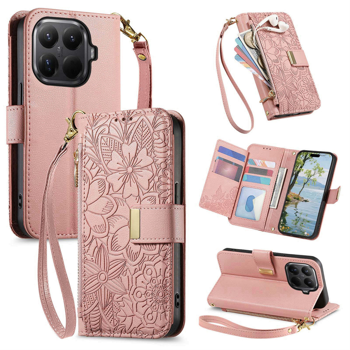 For Xiaomi 17T Case Floral Leaf Pattern Multi Card Slots Zipper Leather Phone Cover with Wrist Strap