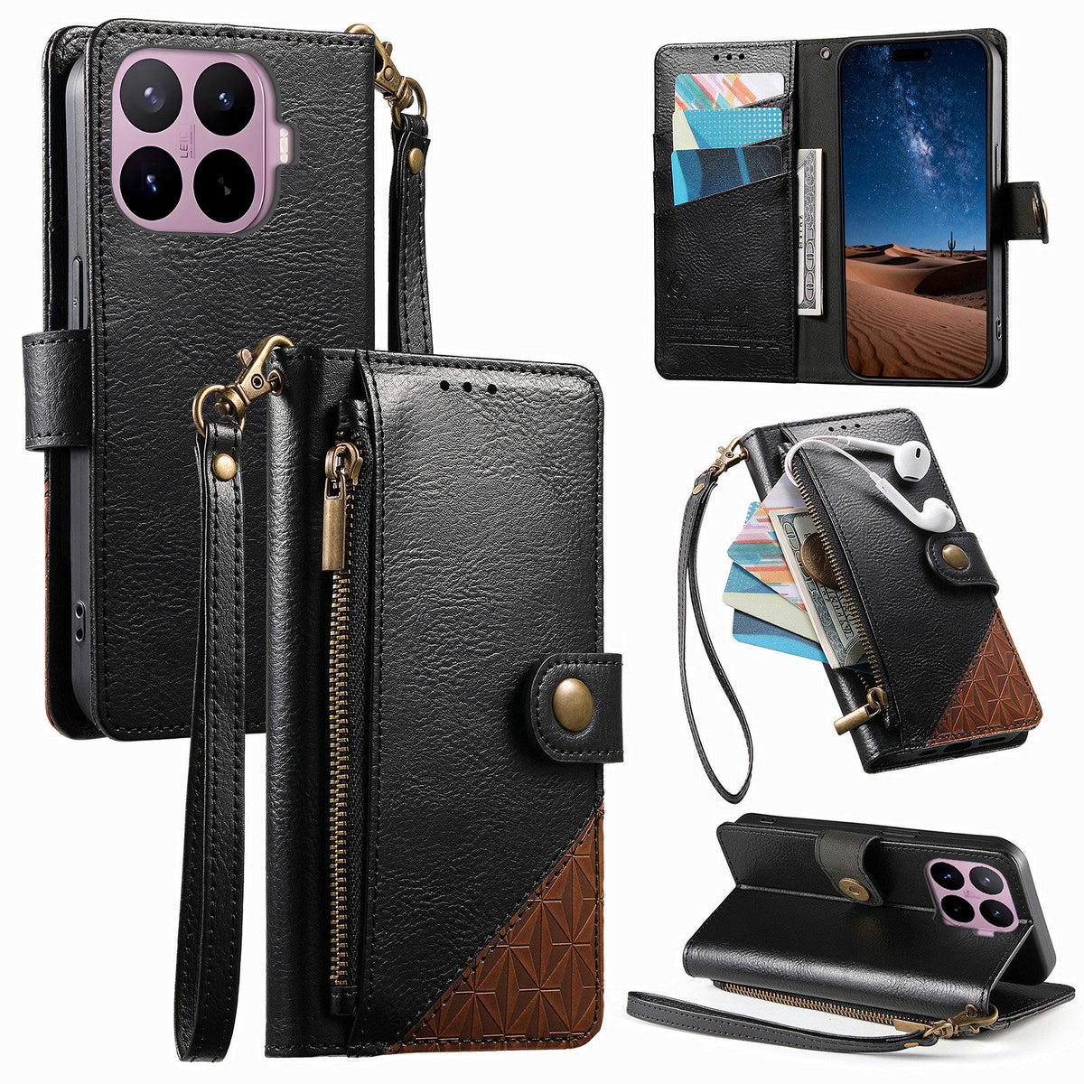 For Xiaomi 17T Case Color Splicing TPU PU Leather Flip Shockproof Phone Cover with Wrist Strap