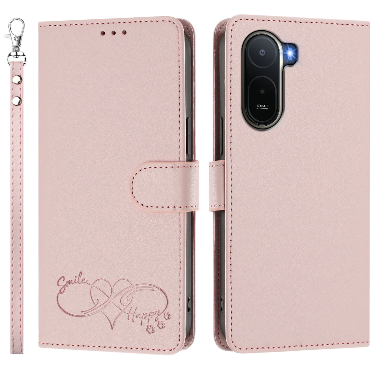 For Xiaomi Poco C85x 5G / Xiaomi Redmi A7 Pro 4G (171.56mm) Case PU Leather Heart Pattern Wallet Flip Phone Cover with Hand Strap
