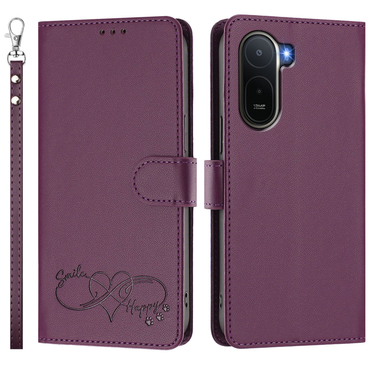 For Xiaomi Poco C85x 5G / Xiaomi Redmi A7 Pro 4G (171.56mm) Case PU Leather Heart Pattern Wallet Flip Phone Cover with Hand Strap