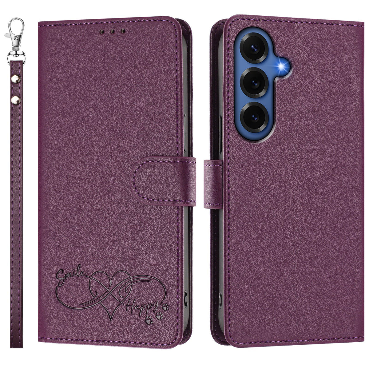 Til Samsung Galaxy S26+ Cover i PU Læder med Hjerteprint, Pung og Flip Telefoncover med Håndrem