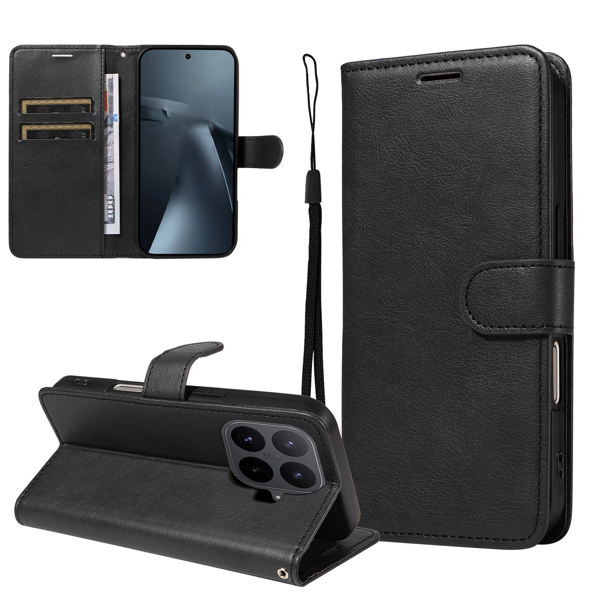 For Xiaomi 17T Pro Leather Wallet Case with Strap Solid Color Phone Stand Cover