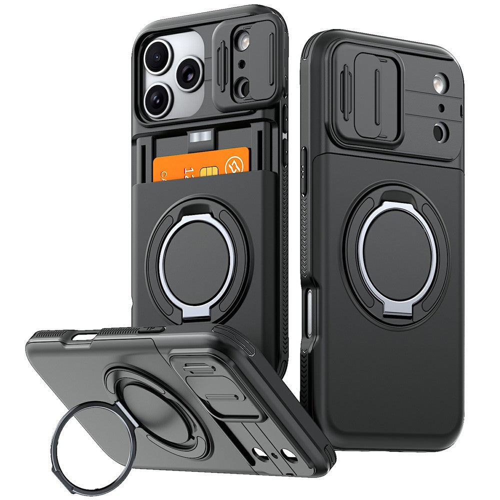 Til iPhone 18 Pro / 17 Pro cover skydbar kameralinsebeskyttelse støttefod TPU + PC telefonbeskyttelsesetui med kortholder