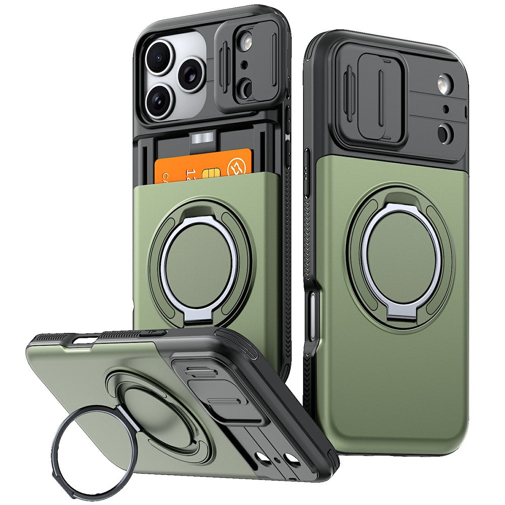 For iPhone 18 Pro / 17 Pro Case Slide Camera Cover Kickstand TPU + PC Phone Protective Shell with Card Holder