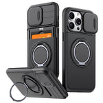 For iPhone 15 Pro Max Case Slide Camera Cover Kickstand TPU + PC Phone Protective Shell with Card Holder