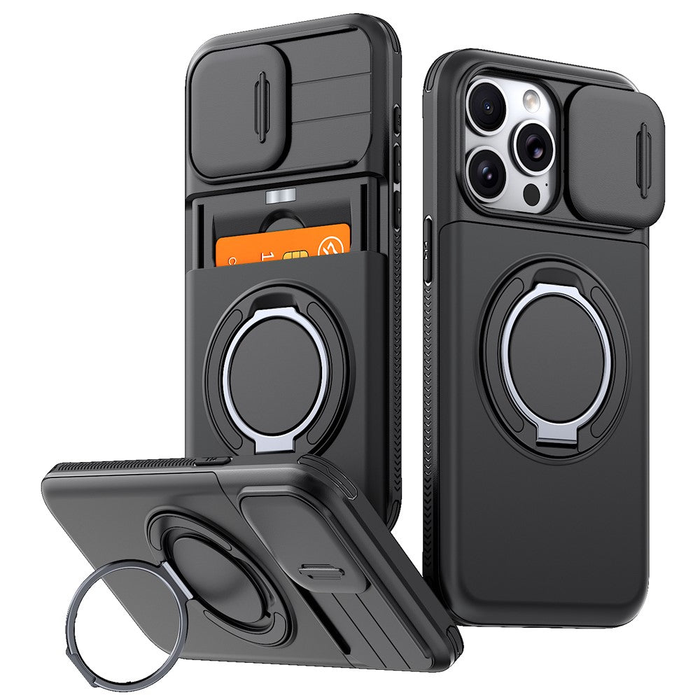 For iPhone 15 Pro Max Case Slide Camera Cover Kickstand TPU + PC Phone Protective Shell with Card Holder