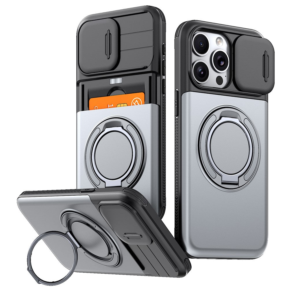 For iPhone 15 Pro Max Case Slide Camera Cover Kickstand TPU + PC Phone Protective Shell with Card Holder
