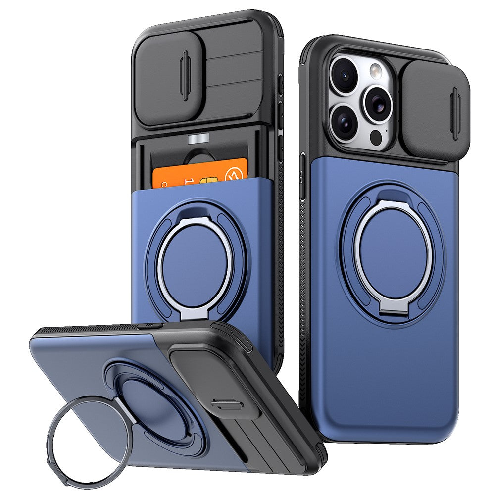 For iPhone 15 Pro Max Case Slide Camera Cover Kickstand TPU + PC Phone Protective Shell with Card Holder