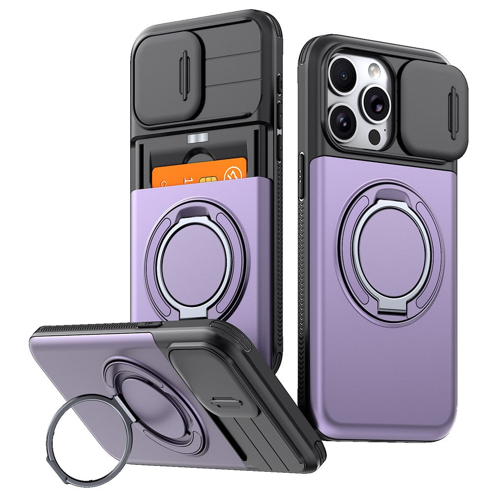 For iPhone 15 Pro Max Case Slide Camera Cover Kickstand TPU + PC Phone Protective Shell with Card Holder