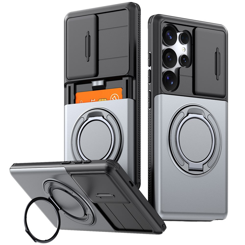 For Samsung Galaxy S23 Ultra Case Slide Camera Cover Kickstand TPU + PC Phone Protective Shell with Card Holder
