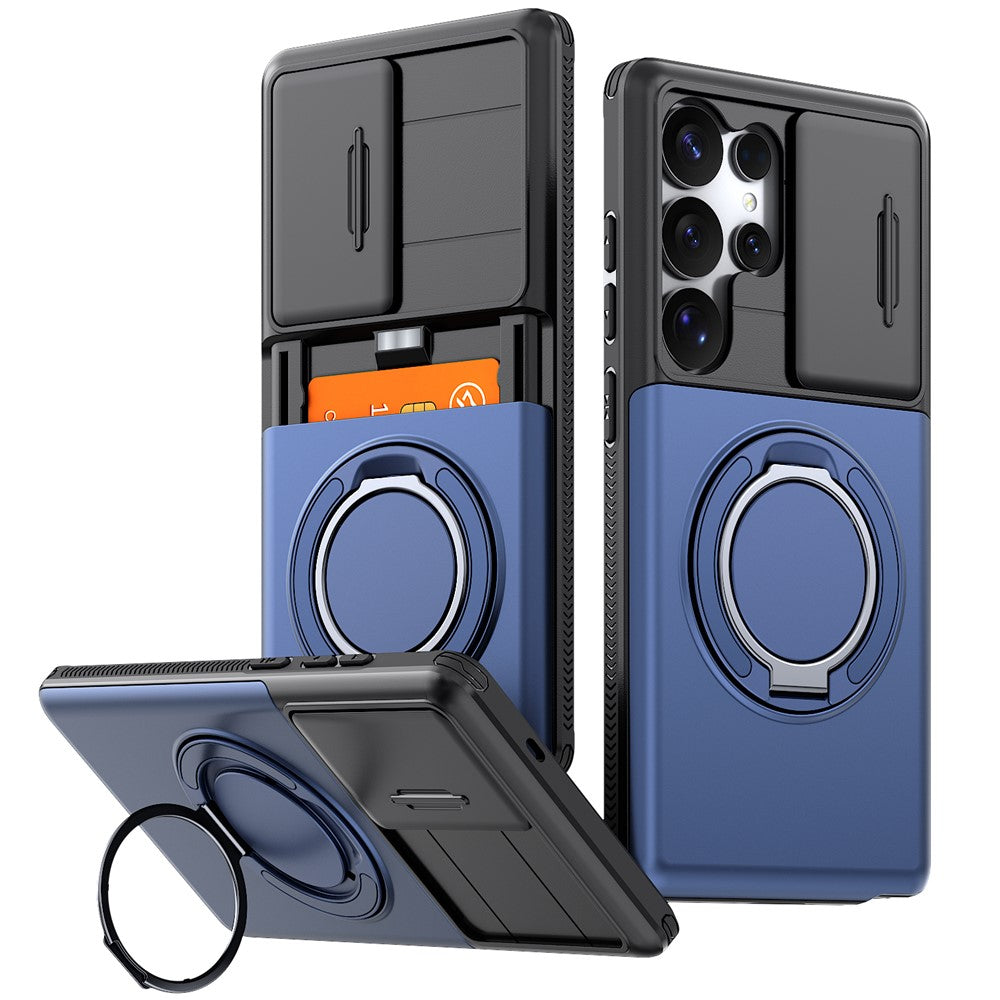 For Samsung Galaxy S23 Ultra Case Slide Camera Cover Kickstand TPU + PC Phone Protective Shell with Card Holder