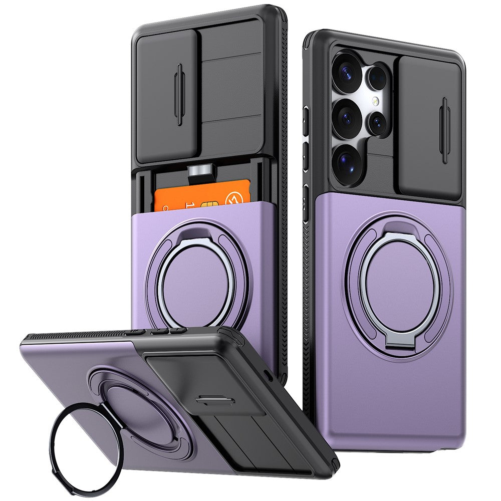 For Samsung Galaxy S23 Ultra Case Slide Camera Cover Kickstand TPU + PC Phone Protective Shell with Card Holder