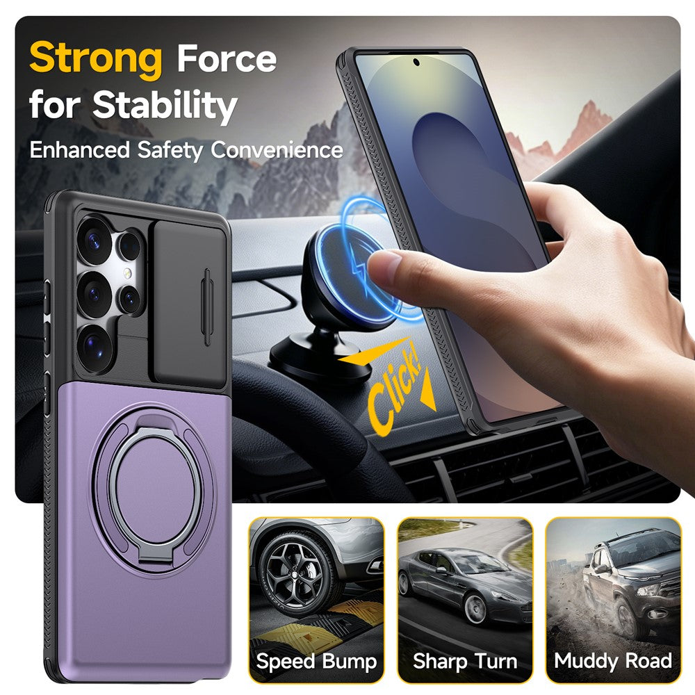 For Samsung Galaxy S23 Ultra Case Slide Camera Cover Kickstand TPU + PC Phone Protective Shell with Card Holder