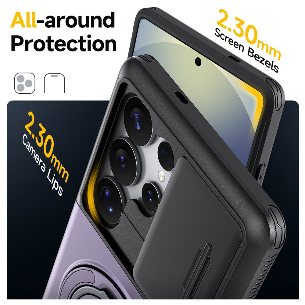 For Samsung Galaxy S23 Ultra Case Slide Camera Cover Kickstand TPU + PC Phone Protective Shell with Card Holder