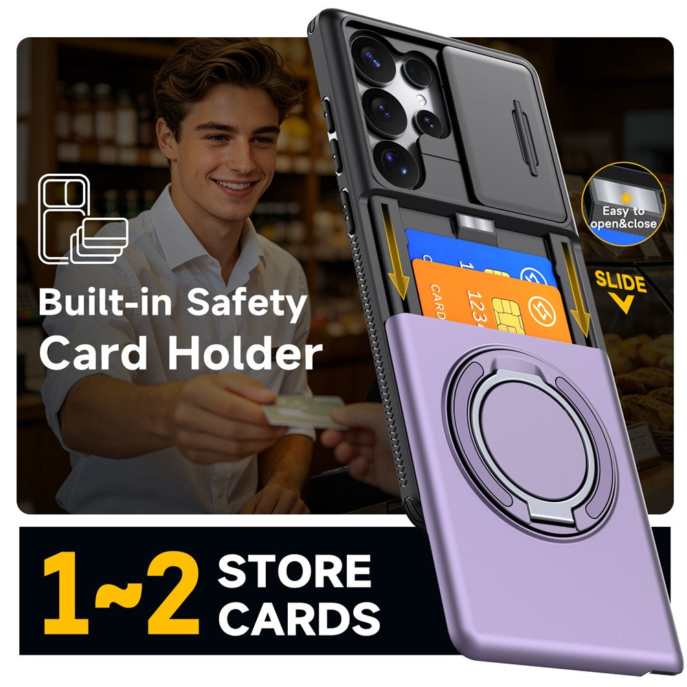 For Samsung Galaxy S23 Ultra Case Slide Camera Cover Kickstand TPU + PC Phone Protective Shell with Card Holder