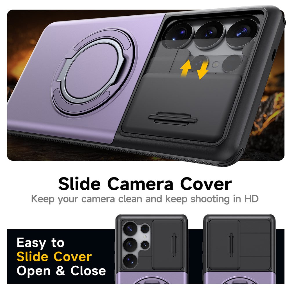For Samsung Galaxy S23 Ultra Case Slide Camera Cover Kickstand TPU + PC Phone Protective Shell with Card Holder