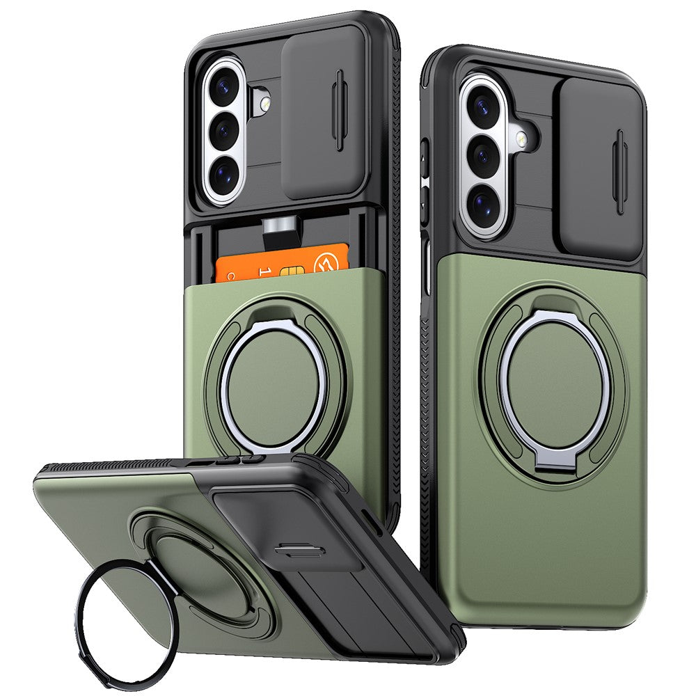 For Samsung Galaxy S24 FE Case Slide Camera Cover Kickstand TPU + PC Phone Protective Shell with Card Holder