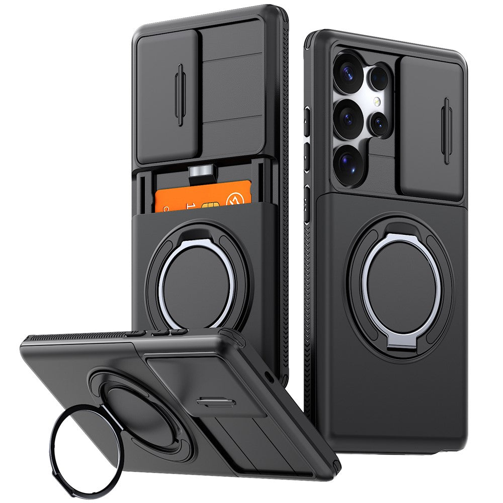 For Samsung Galaxy S24 Ultra Case Slide Camera Cover Kickstand TPU + PC Phone Protective Shell with Card Holder