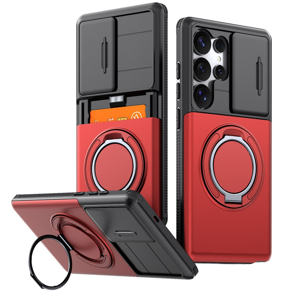 For Samsung Galaxy S24 Ultra Case Slide Camera Cover Kickstand TPU + PC Phone Protective Shell with Card Holder