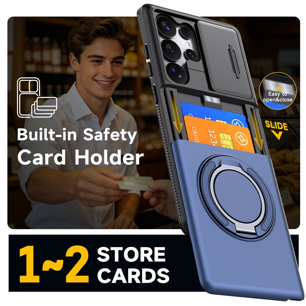 For Samsung Galaxy S24 Ultra Case Slide Camera Cover Kickstand TPU + PC Phone Protective Shell with Card Holder