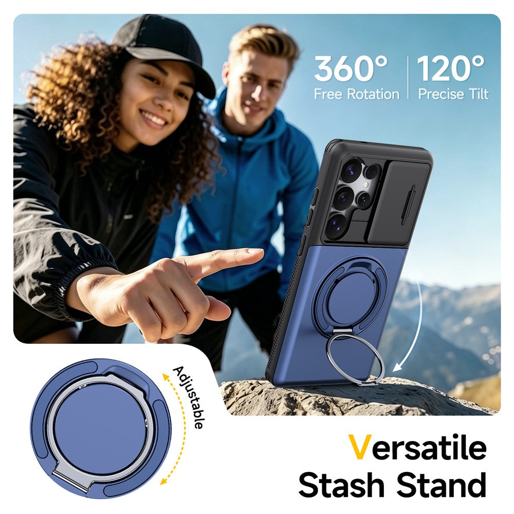For Samsung Galaxy S24 Ultra Case Slide Camera Cover Kickstand TPU + PC Phone Protective Shell with Card Holder