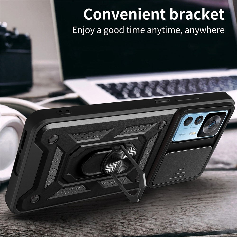 For Xiaomi 12T Pro 5G Phone Case Hands-free Ring Holder Kickstand PC + TPU Protective Back Cover with Slide Camera Protector