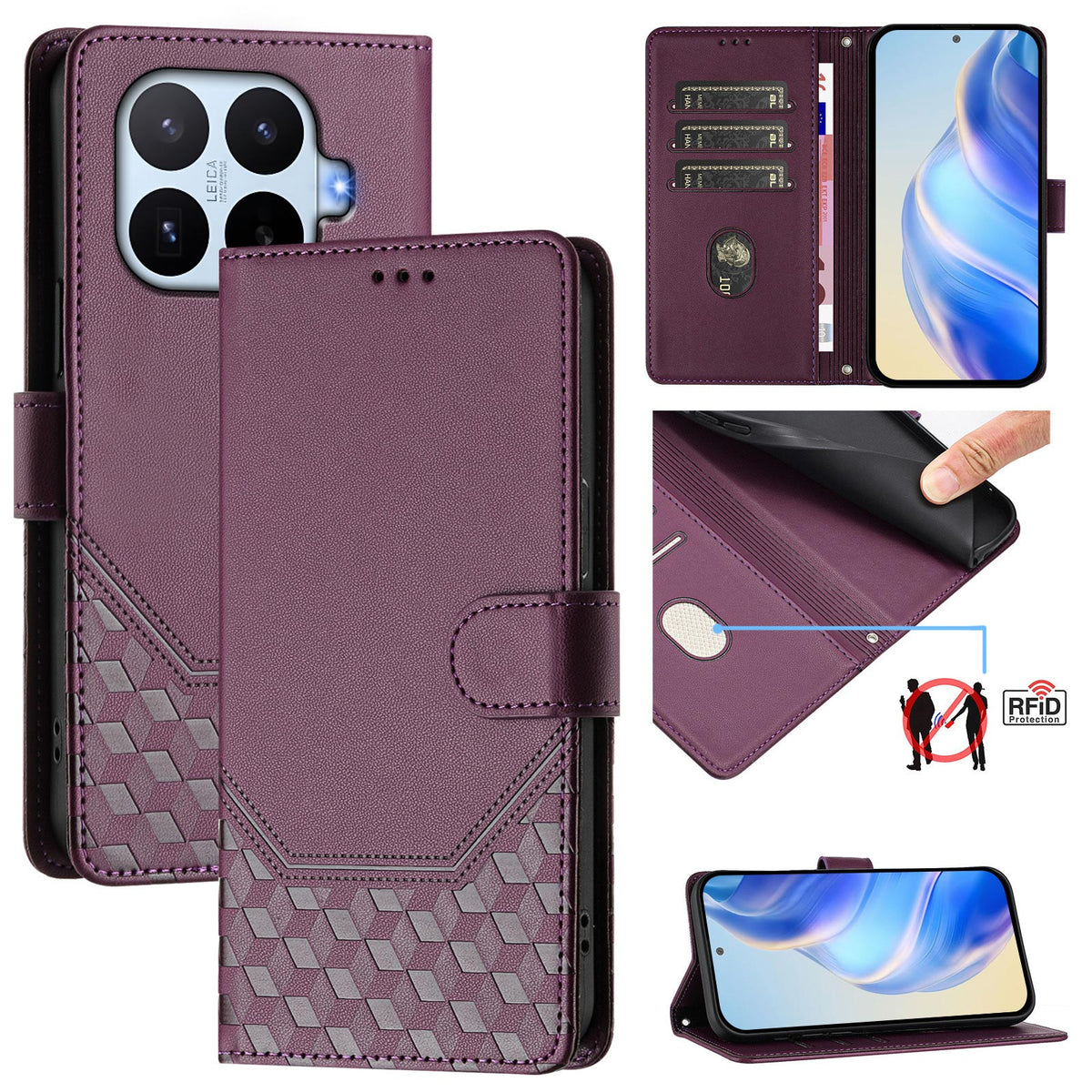For Xiaomi 17T Case Imprinted Honeycomb RFID Blocking Leather Phone Cover with Strap