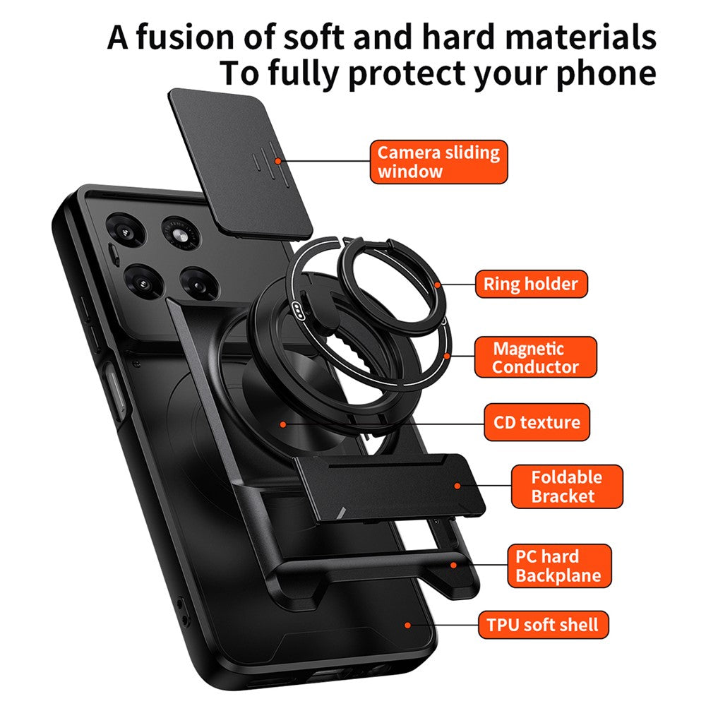 Til Motorola Moto G37 Power 5G Magnetisk Etui Ringholder Sammenklappelig Støttefod TPU PC Telefoncover med Kameraglas Skyder
