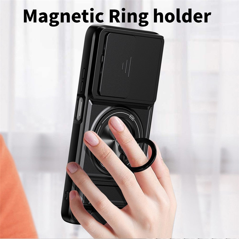 Til Motorola Moto G37 Power 5G Magnetisk Etui Ringholder Sammenklappelig Støttefod TPU PC Telefoncover med Kameraglas Skyder