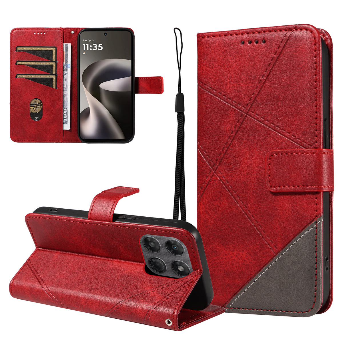 Motorola Moto G37 5G / Motorola Moto G47 5G / Motorola Moto G37 Power 5G-læderetui med geometrisk linjedesign, tegnebogsetui med håndledsrem