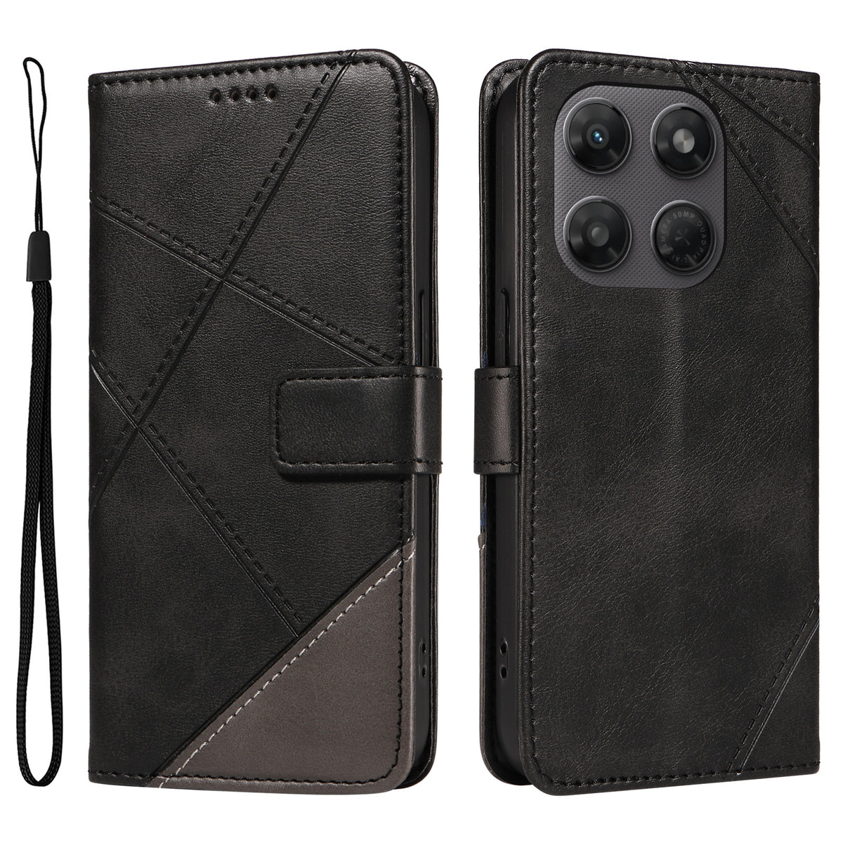 Motorola Moto G37 5G / Motorola Moto G47 5G / Motorola Moto G37 Power 5G-læderetui med geometrisk linjedesign, tegnebogsetui med håndledsrem
