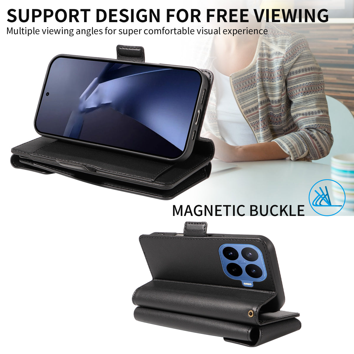 For Xiaomi 17T Case with Multi-Card Holder and Strap PU Leather Phone Cover Stand