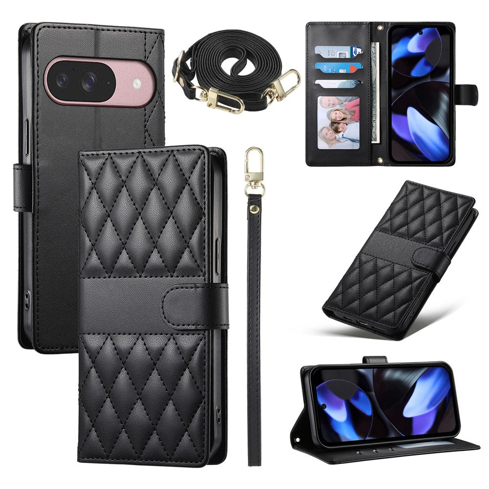 Til Google Pixel 11 / 11 Pro Pung Etui Rhombus Syninger Stativ Læder Telefoncover med Lang / Kort Rem