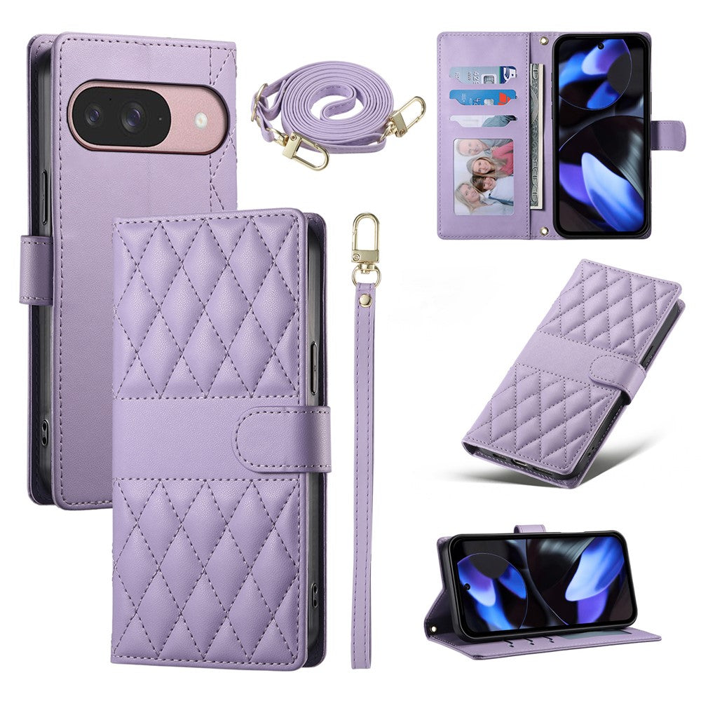 Til Google Pixel 11 / 11 Pro Pung Etui Rhombus Syninger Stativ Læder Telefoncover med Lang / Kort Rem