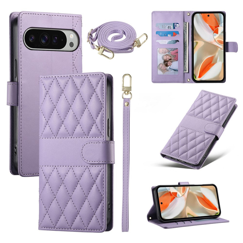 For Google Pixel 11 Pro XL Wallet Case Rhombus Stitching Stand Leather Phone Cover with Long   /   Short Strap