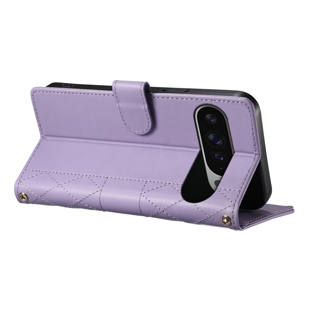 For Google Pixel 11 Pro XL Wallet Case Rhombus Stitching Stand Leather Phone Cover with Long   /   Short Strap