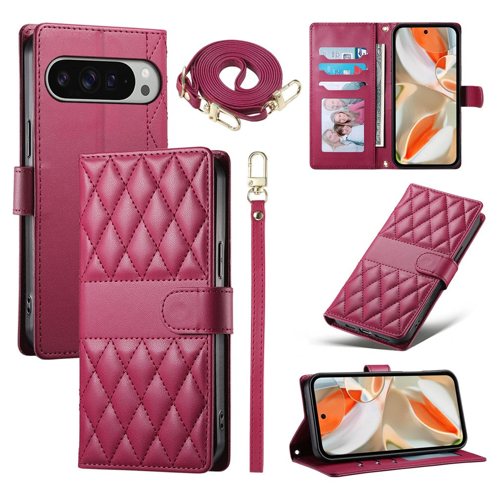 For Google Pixel 11 Pro XL Wallet Case Rhombus Stitching Stand Leather Phone Cover with Long   /   Short Strap