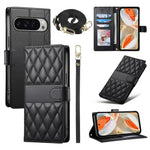 For Google Pixel 11 Pro XL Wallet Case Rhombus Stitching Stand Leather Phone Cover with Long   /   Short Strap