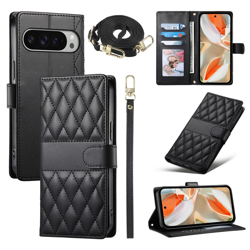 For Google Pixel 11 Pro XL Wallet Case Rhombus Stitching Stand Leather Phone Cover with Long   /   Short Strap