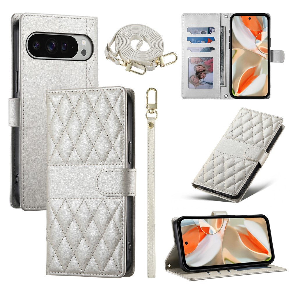 For Google Pixel 11 Pro XL Wallet Case Rhombus Stitching Stand Leather Phone Cover with Long   /   Short Strap