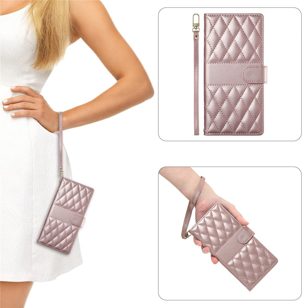 For Motorola Edge 70 Pro 5G Wallet Case Rhombus Stitching Stand Leather Phone Cover with Long   /   Short Strap