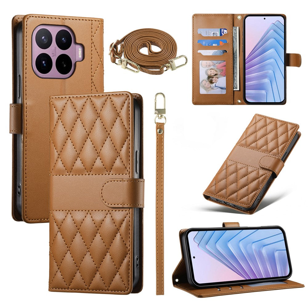 For Xiaomi 17T Pro Wallet Case Rhombus Stitching Stand Leather Phone Cover with Long / Short Strap