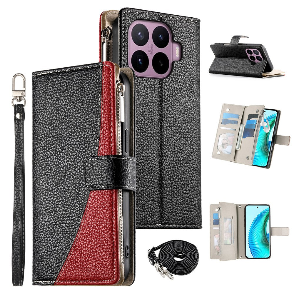 For Xiaomi 17T Leather Case Zipper Wallet Color Splicing Flip Phone Cover with Straps