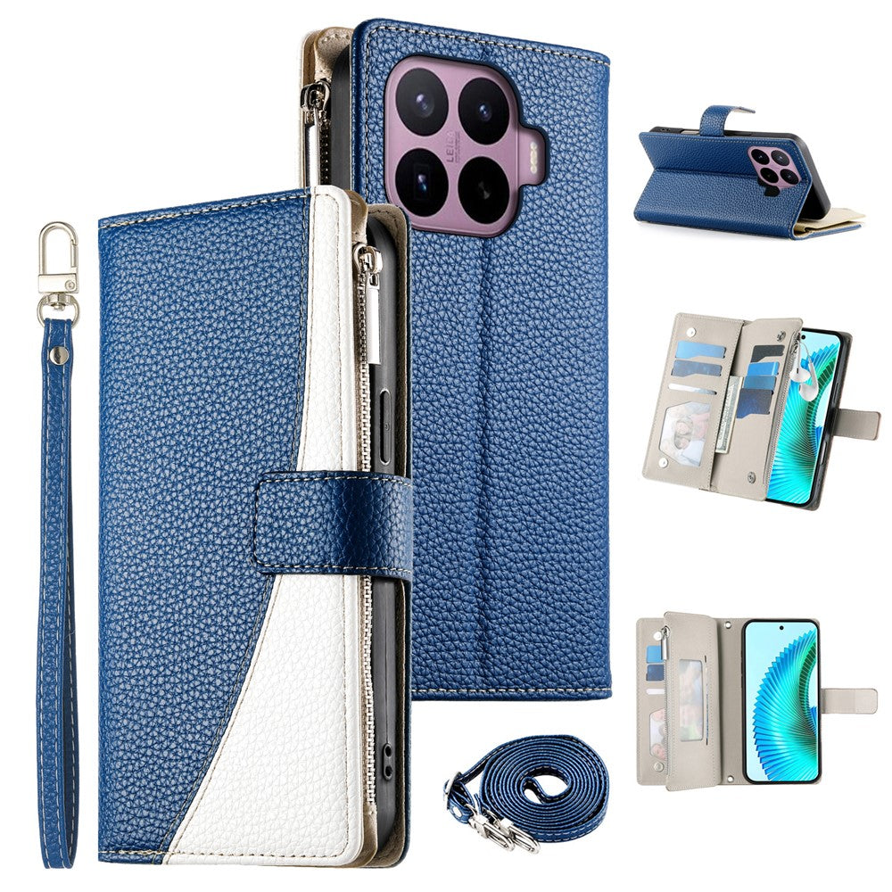 For Xiaomi 17T Leather Case Zipper Wallet Color Splicing Flip Phone Cover with Straps
