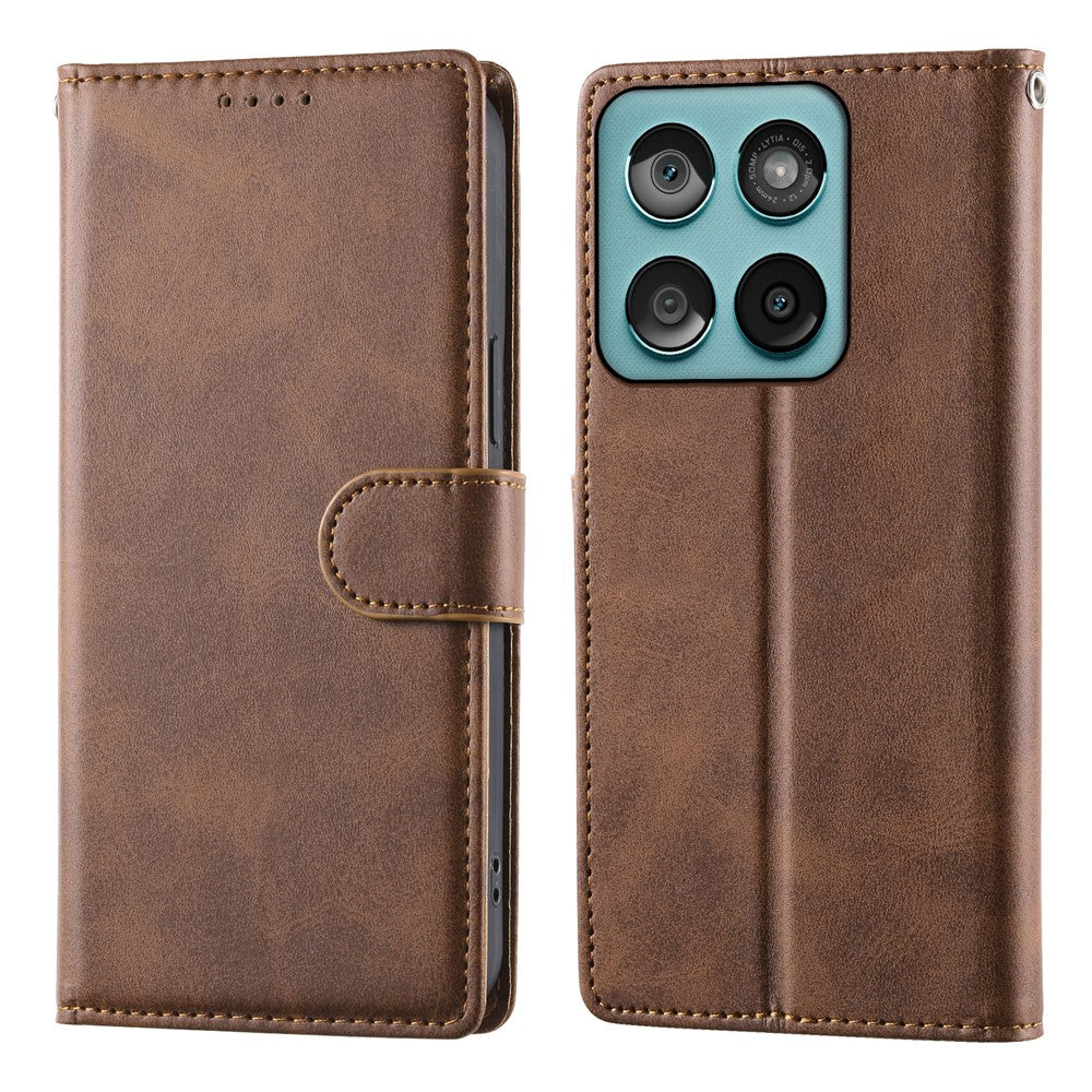 Til Motorola Edge 70 Pro 5G Etui Stativ Pung Kalvetekstur PU Læder Flip Telefoncover med Håndledsrem