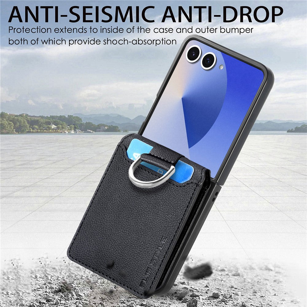 For Samsung Galaxy Z Flip8 Case Card Holder Kickstand PU + PC Phone Cover with Finger Ring