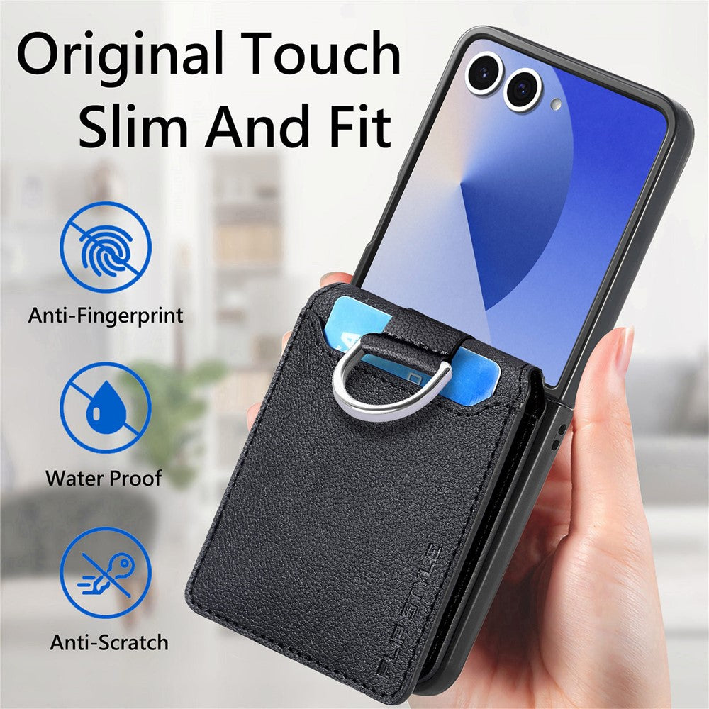 For Samsung Galaxy Z Flip8 Case Card Holder Kickstand PU + PC Phone Cover with Finger Ring