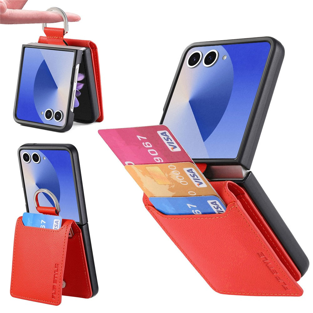 For Samsung Galaxy Z Flip8 Case Card Holder Kickstand PU + PC Phone Cover with Finger Ring